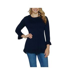 Isaac Mizrahi Live! Women's 3/4-Sleeve Ruffle Hem Sweater Tunic Top - Black (M)